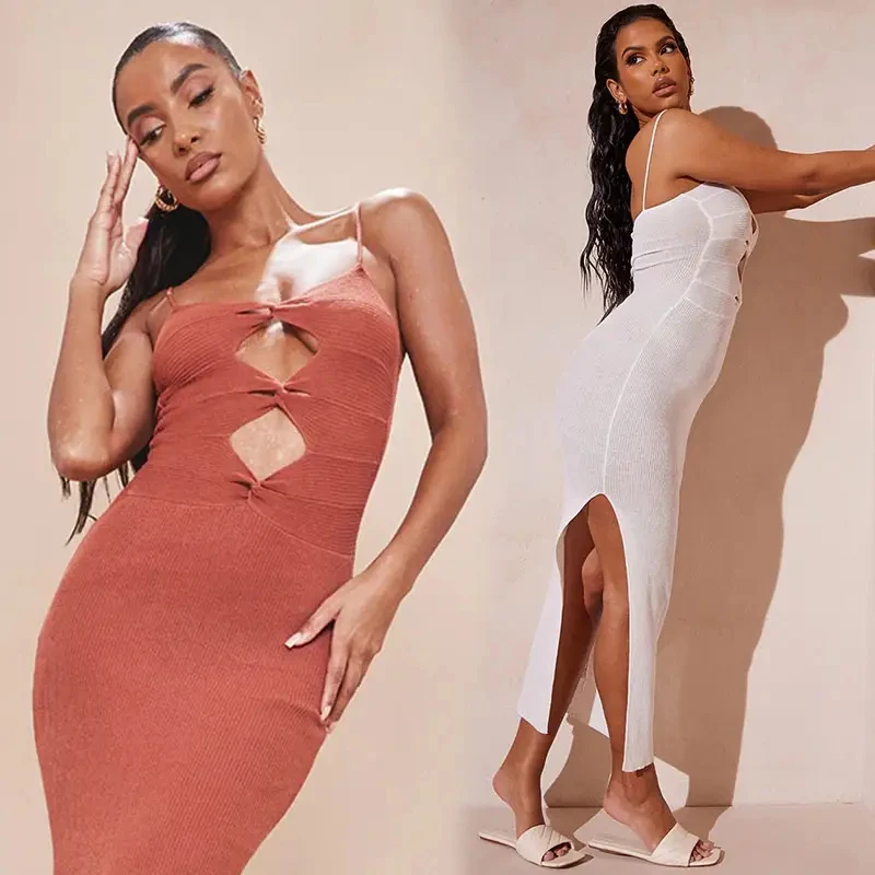 Hot Long Sleeveless Elegant Maxi Dress Women Long Dress Twist Front Knit Sweater Dresses