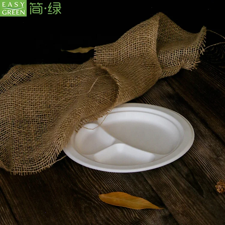 Легкий зеленый экологичный багассе целлюлоза 9 дюймов круглый 3 отсека одноразовые тарелки