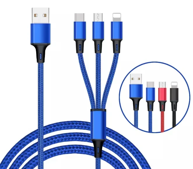 Оптовая продажа 3 in1 Usb кабель с нейлоновой оплеткой Usb кабель для передачи данных-адаптер объектива для камер micro /lightning/type-c 2.4A быстрой зарядки 1,2 m Multi кабель для зарядки телефона