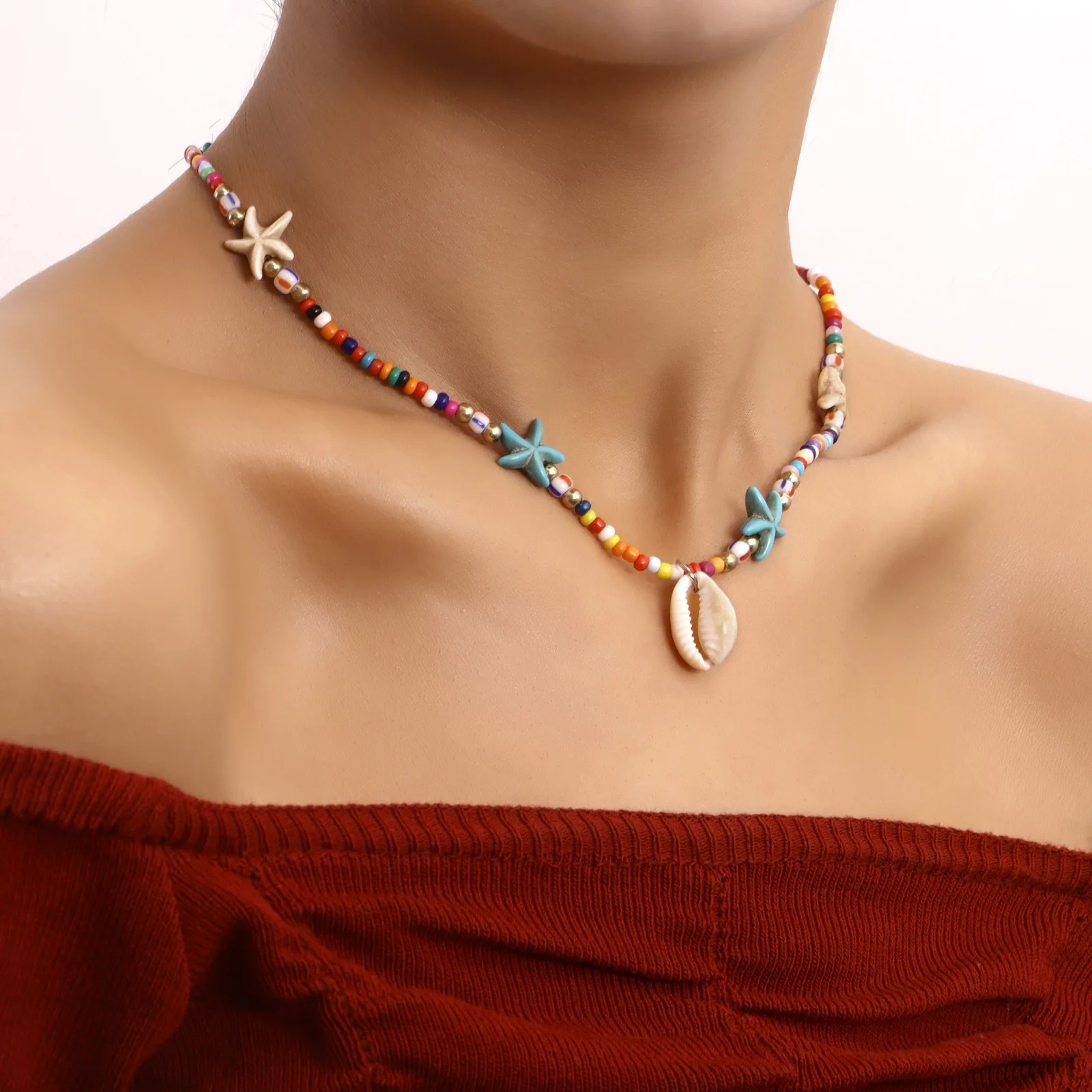 Hot selling fashion Summer Fashion Necklace Colorful Beads Starfish Shell Pendant Necklace For Women