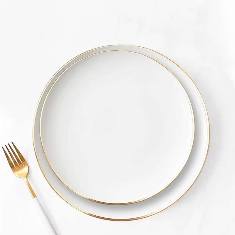 Low MOQ Customizable Logo Decals Bone China Gold Rim Dinnerware Sets Luxury Dishes Dinner Plates Ceramic Appetizer Plated