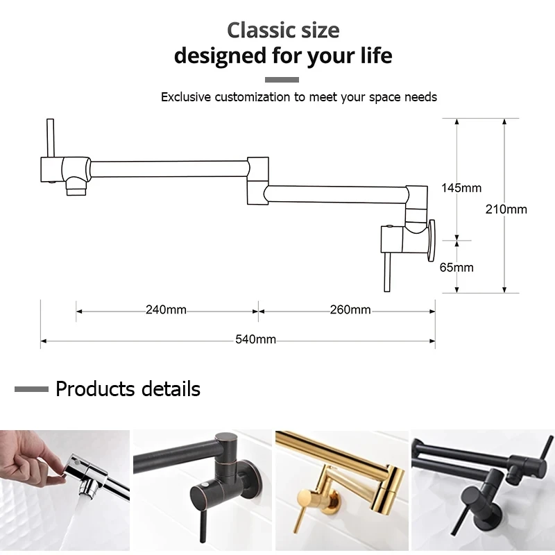 Hot Sales Commercial Pot Filler Folding Faucet Black Stretchable Double Joint Swing Arm Wall Mount Brass Kitchen Faucet