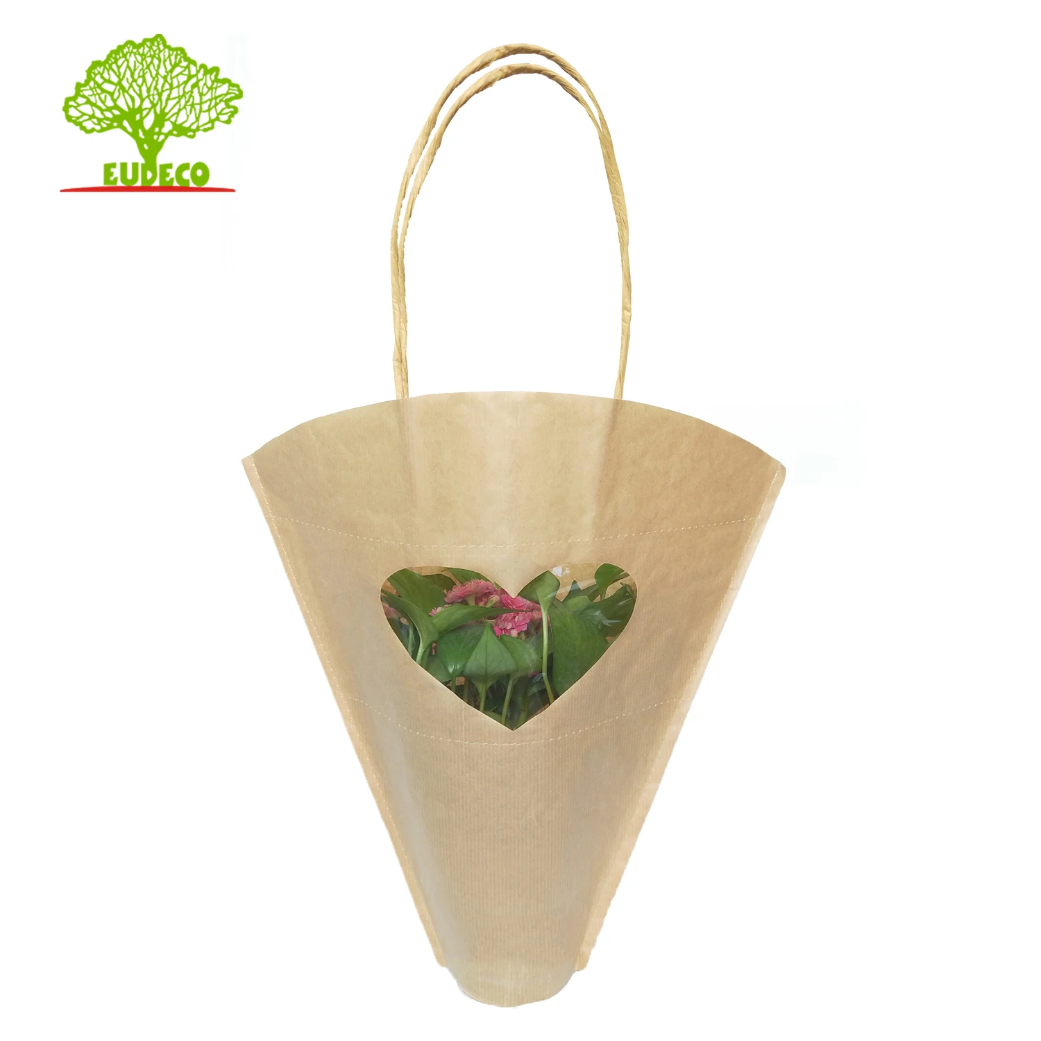The Newest Popular and Beautiful Colorful Kraft Coated Flower Bag Heart Window Mother Day Paper Sleeve For Gifts