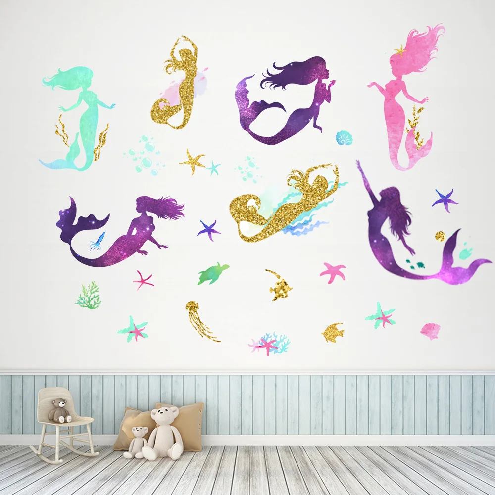Custom 3D Golden Purple Mermaid Wall Decal Kids Room Bedroom Bathroom Decoration Wall Stickers