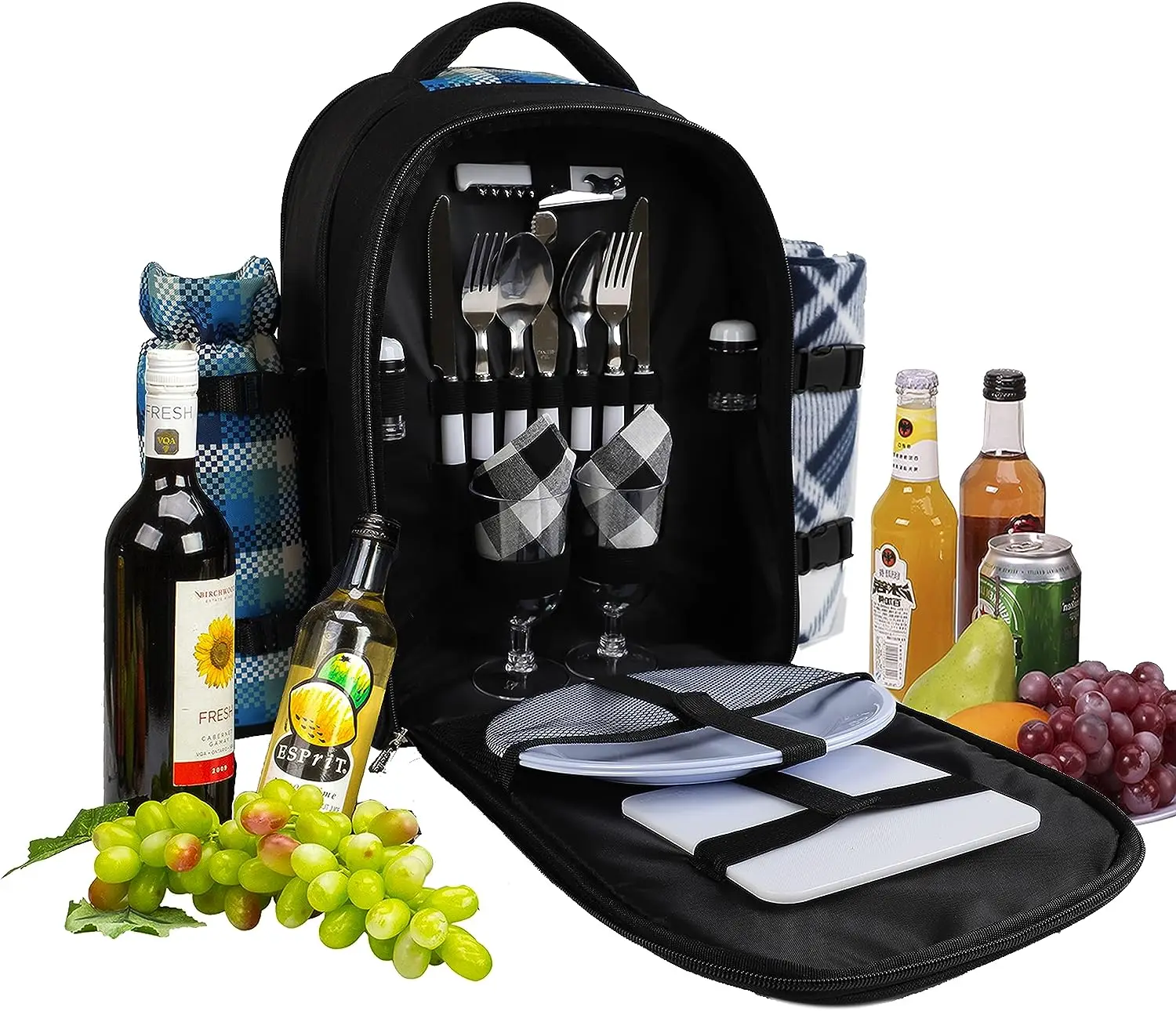 Picnic Backpack Bag for 2 Person with Cooler Compartment Detachable Bottle&Wine Holder Fleece Blanket Plates and Cutlery Bag