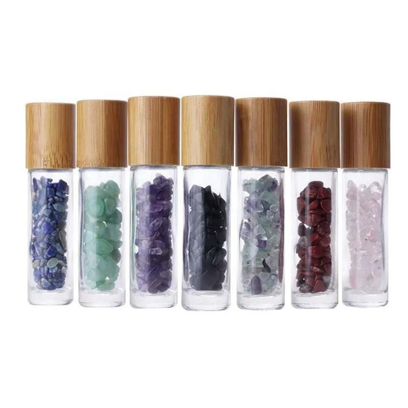 
10ml roll on bottle with gemstone rollerball crystal chips inside glass roller bottles essential oil sample bottles bamboo lids 