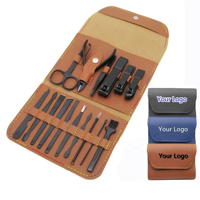 Professional Stainless Steel Nail Clipper Manicure Pedicure Set Custom Logo Black Nail Clipper Kit With PU Leather Bag