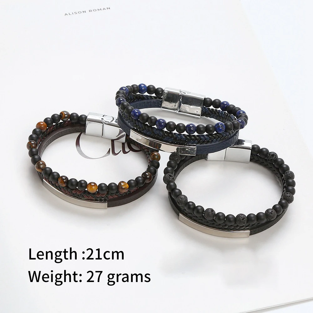 Vintage Stainless Steel Jewelry Unisex Braided Magnetic Clasp Beaded Leather Bracelet For Men