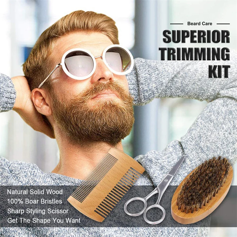 custom organic beard wood brush and comb set grooming kit grow oil balm mens beard trimming care sets gift