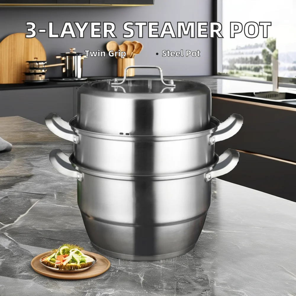 High Quality 3-Layer Stainless Steel Steamer Pot with Glass Lid Dual Purpose Kitchen Cooking and Couscous Pot for Home Use