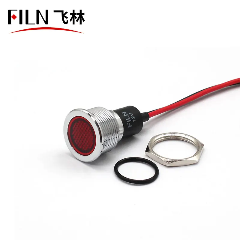 FILN 19mm miniature led indicator lamps, wire leading antivandal waterproof indicator IP67 flat head red green 12V with symbols