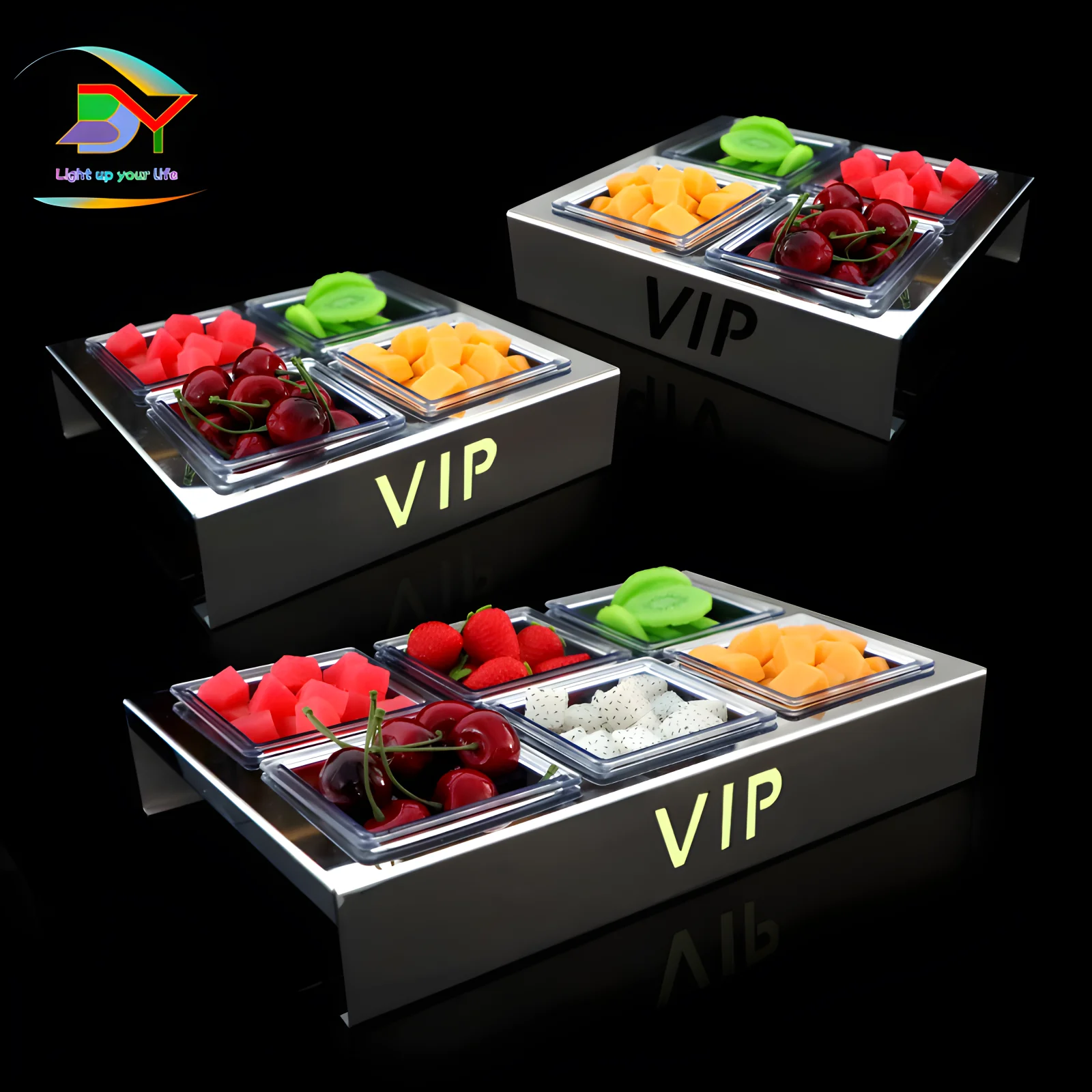 Bar Luminous Fruit Plate Brushed Stainless Steel Light Luxury Four-six Grid KTV Snack Platter High-end