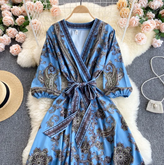 European and American INS new print long holiday skirt V neck tie waist dress women