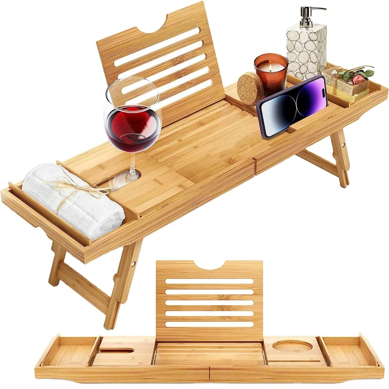 Wine Glass Soap Holder Caddy Breakfast Tray Bamboo Waterproof Tub and Bed with Folding Slide-Out Arms Wooden Bathtub Table