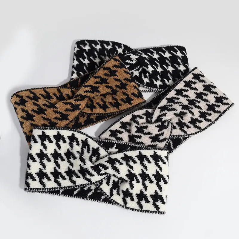 Custom Logo Thousand Bird Lattice Knitted Headband Fashion Wide Edge Wool Elastic Hair Accessories Fashion Soft Plaid Hair Bands