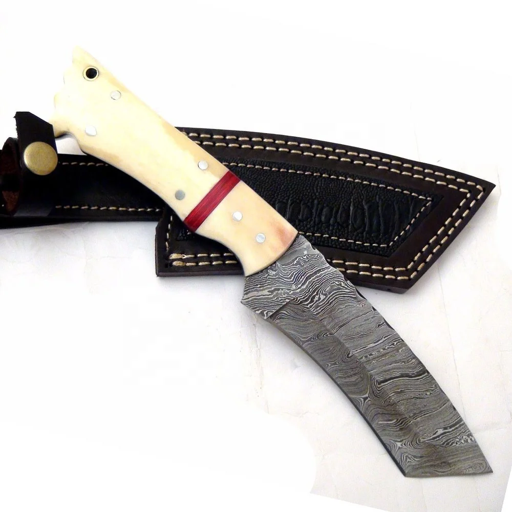 Beautiful Sizzco Handmade Damascus Steel Fixed Blade Hunting Camping Skinner Tanto Knife Handle Camel Bone with Brass Clip