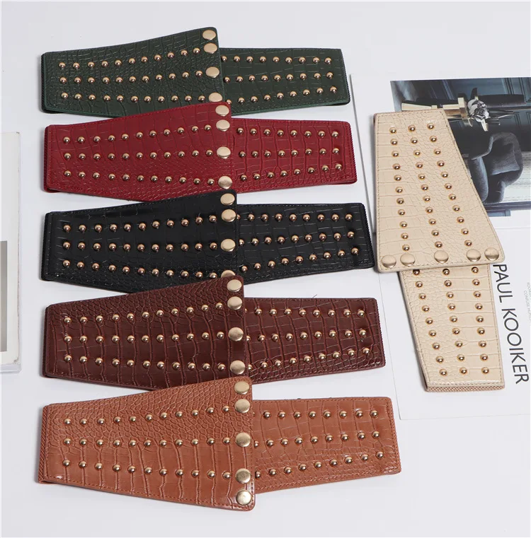 Оптовая продажа, модный супер широкий пояс с заклепками, пояс из искусственной кожи, подходящий ко всему винтажный пояс
