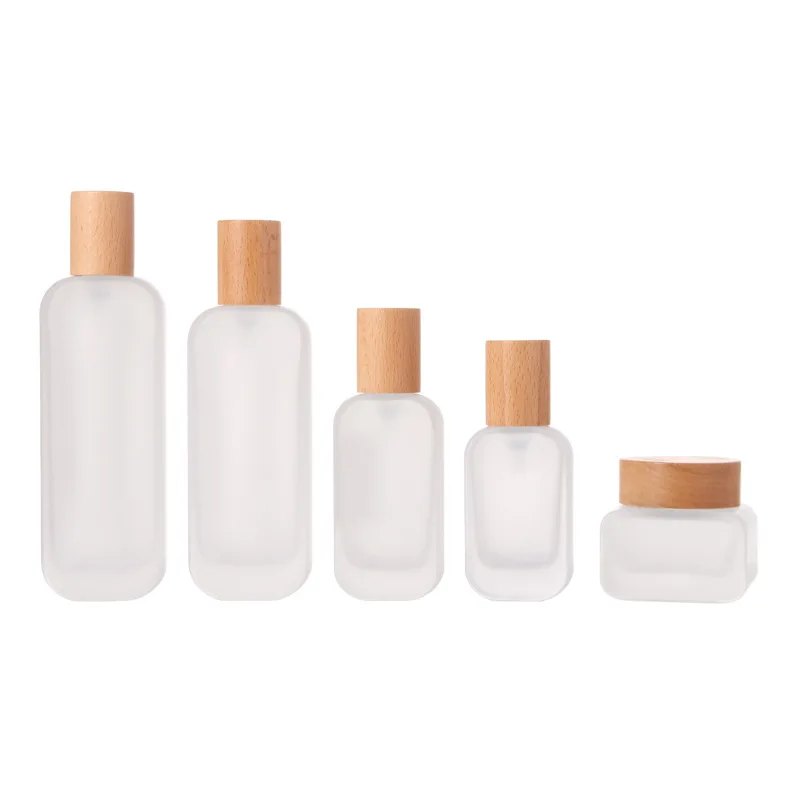 50ml 120ml Square Frosted Glass Pump Bottle 50g Facial Cream Jar With Wooden Cap Skincare Bottle With Wood Lid