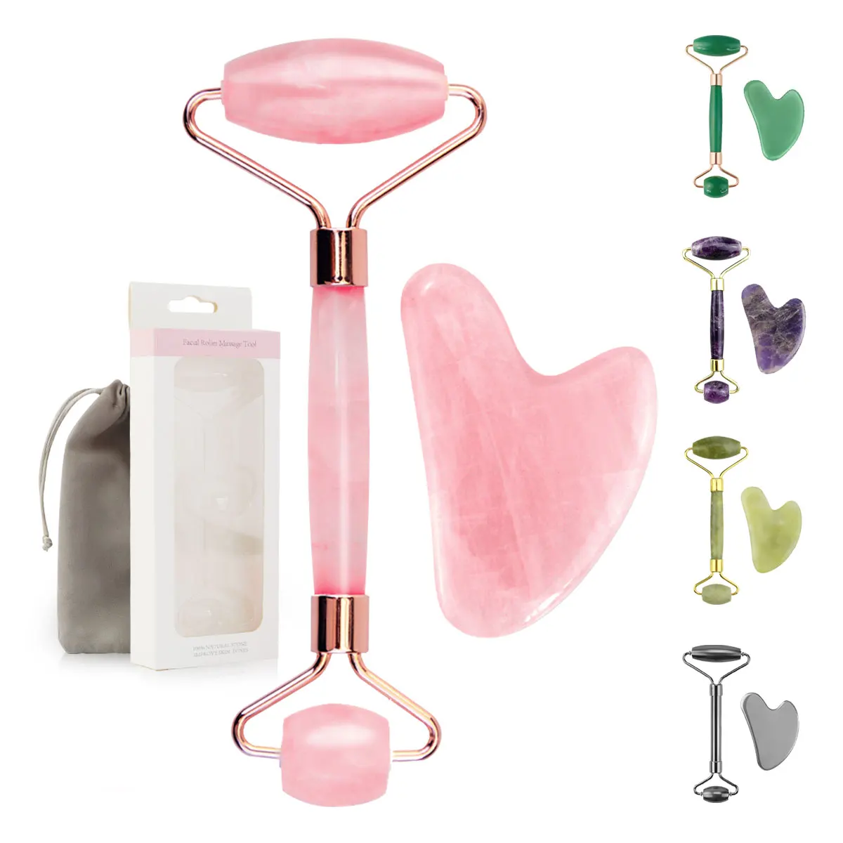 Wholesale High Quality Cosmetics Real Rose Quartz Facial Massager Gua Sha and Jade Roller