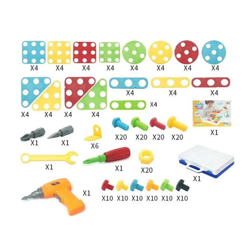 237PCS Kids Puzzle Toy DIY Electric Drill 3D Creative Mosaic Screw Puzzle Toys Assembly Tool Box Set