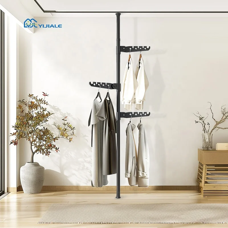 YIJIALE Floor Hanger Clothes Hanging Rack Black Free Standing Portable Coat Rack