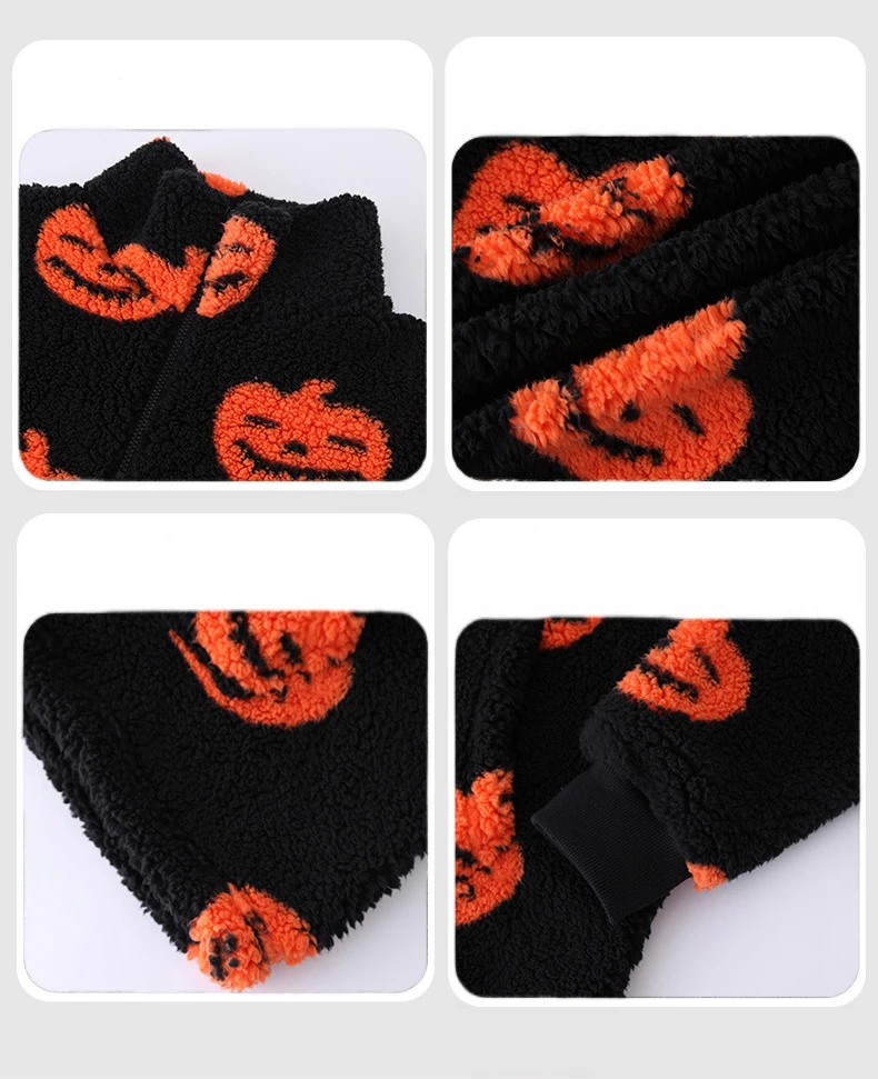 430gsm winter clothes for women rugby halloween pumpkin print hoodies pullover fur casual sherpa fleece half zipper hoodie