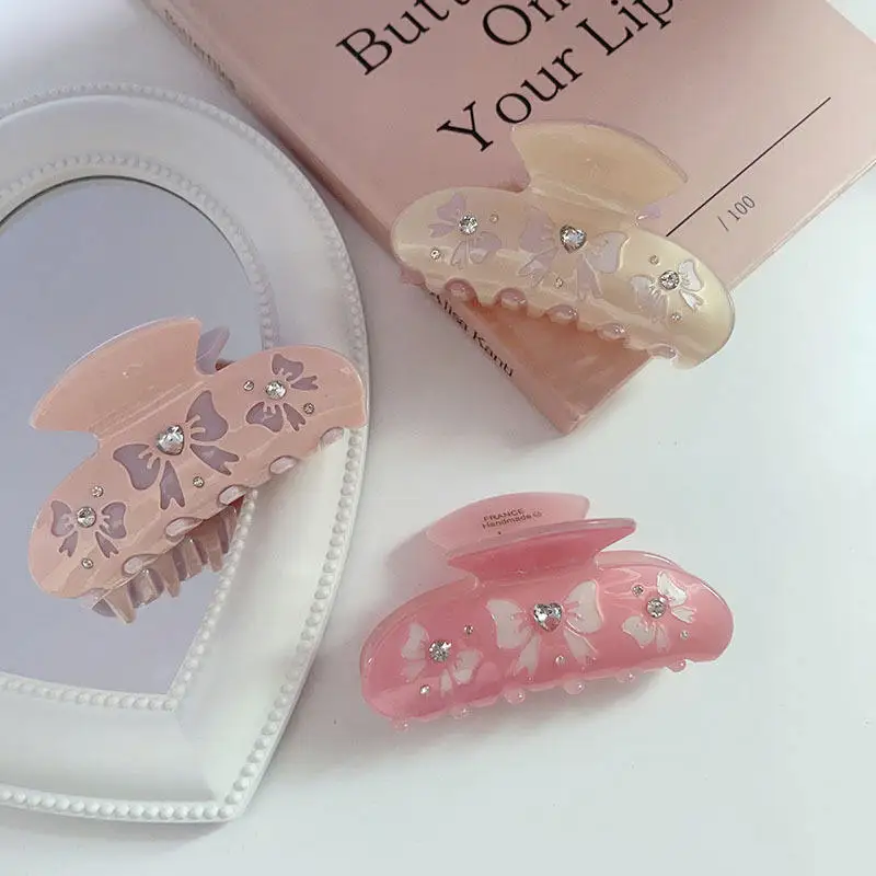 Wholesale custom baby hair claw clips girls rhinestone pink diamond bow hair accessories for children