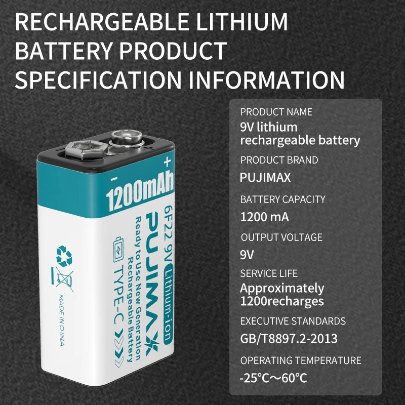 PUJIMAX 1pcs 9V rechargeable battery type c 6f22 9v lithium battery 1200mah usb c li ion batteries 9v type-c charging