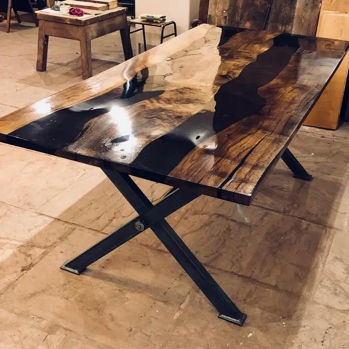 Rustic Accia Wooden Slab Table Top River Dining Table Solid Wood clear Epoxy Resin Table