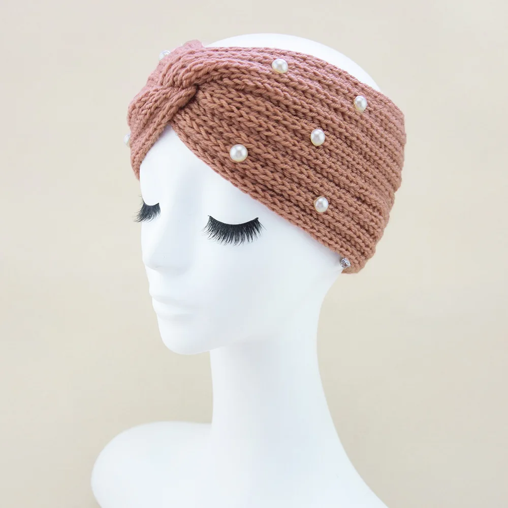 SAIJE New Handmade Pearl Knitted Cross Headbands For Women Girls Winter Headwear Ear Warmer Elastic Hair band