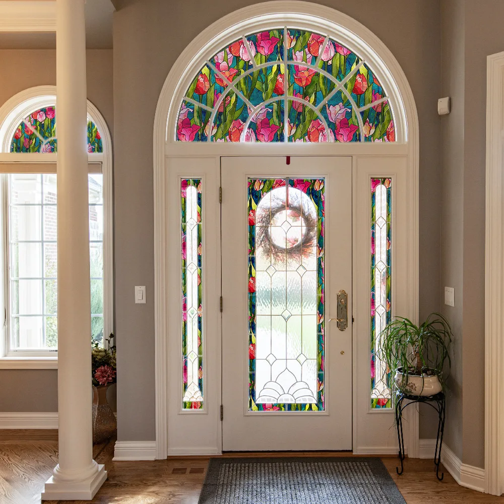 European arc double opening white door painted door stained glass solid wood arch double door