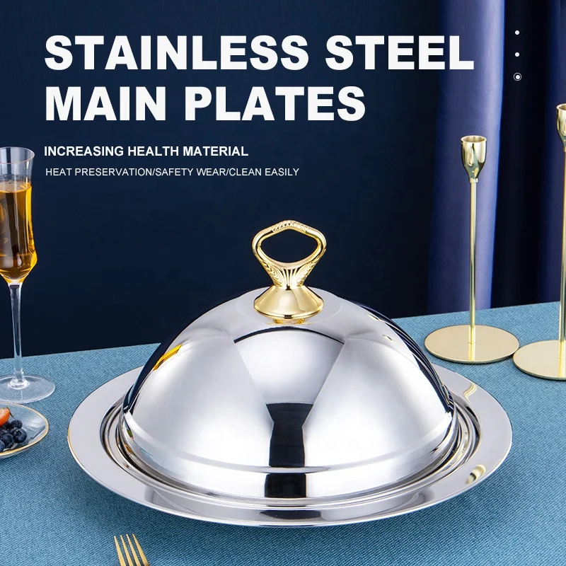 Wholesale luxury  food plate with lid dinner platter with cover  stainless steel serving serving tray with dome cover