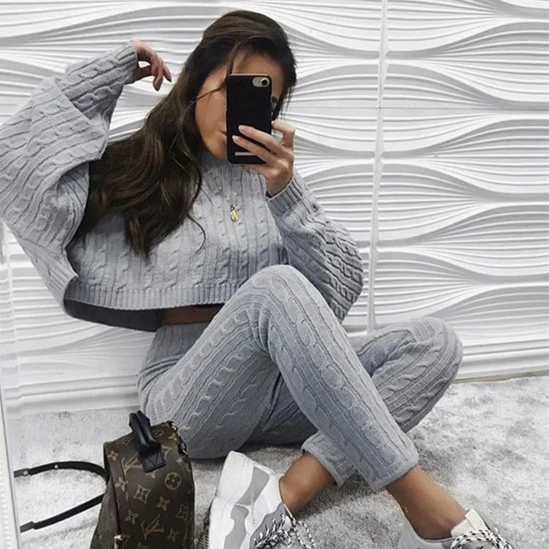 knitted  Women Solid Sweater + long pants Sets new Winter Warm Suits 2 piece outfits