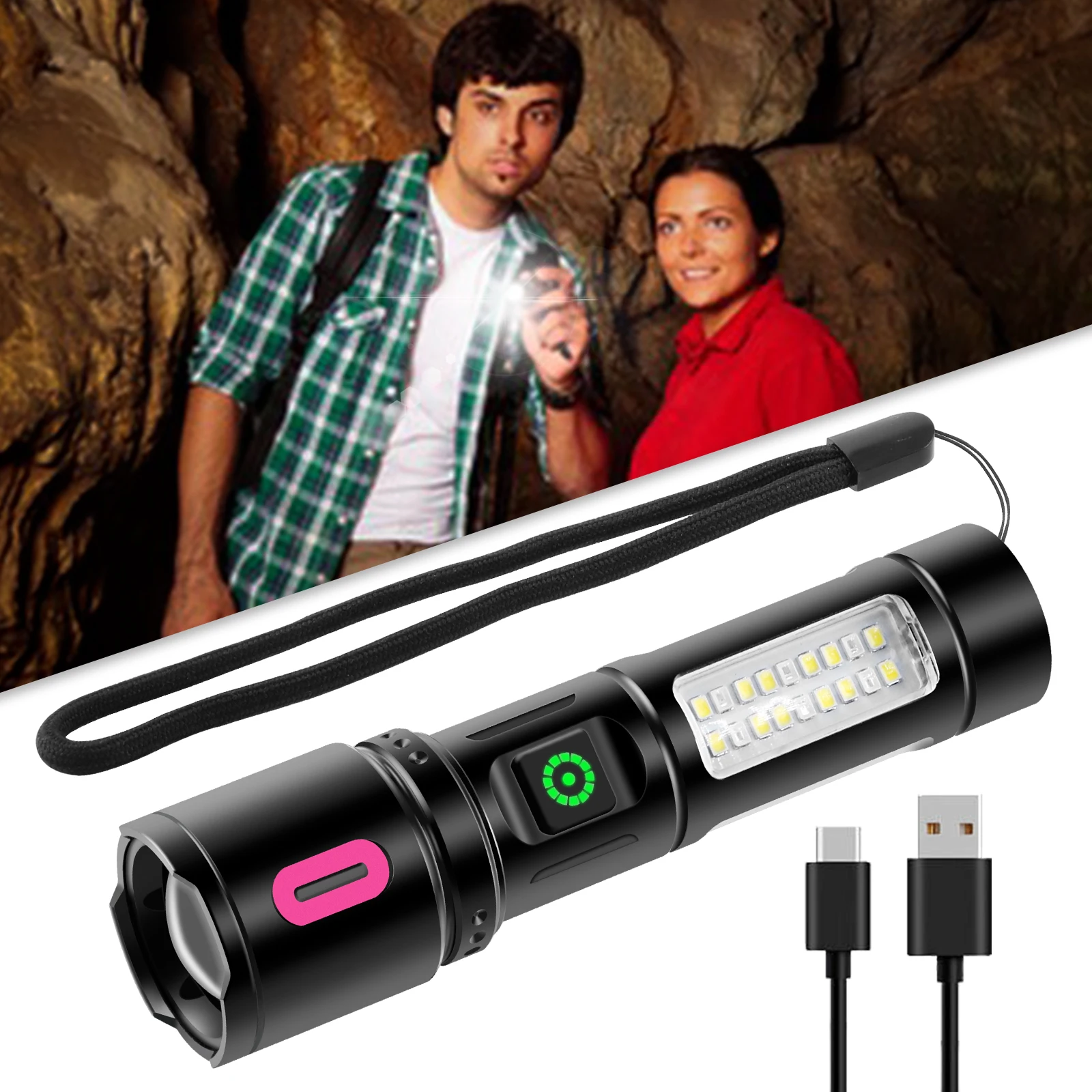 Flashlights and Torches High Brightness White Laser Red SMD Side Light Scalable Zoom Waterproof LED Tactical Flashlight