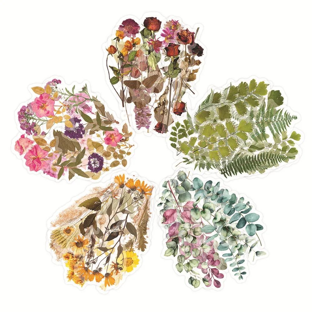 Vintage PET Transparent Flower Sticker Bag Creative Handbook DIY Plant Stickers 12 pieces