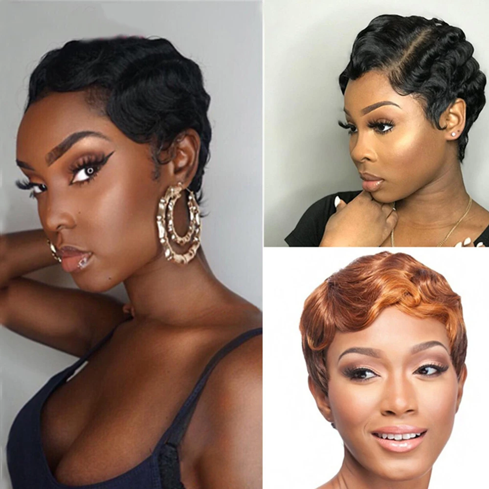 GS Hair Short Lace Human Hair Wigs For Women , Brazilian Finger Wave Wig Remy Human Hair Pixie Cut Lace Wigs