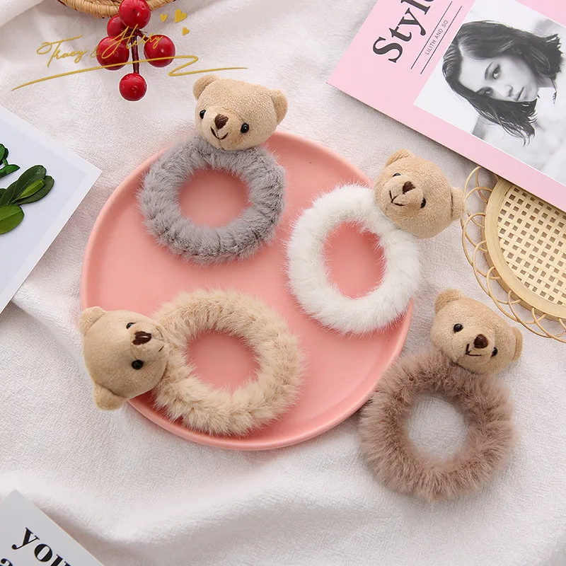 Tracy & Herry Winter warm bear Hair Rope Fuzzy Furry Elastic Dolls girls Head Rope Girls plush hair scrunchies