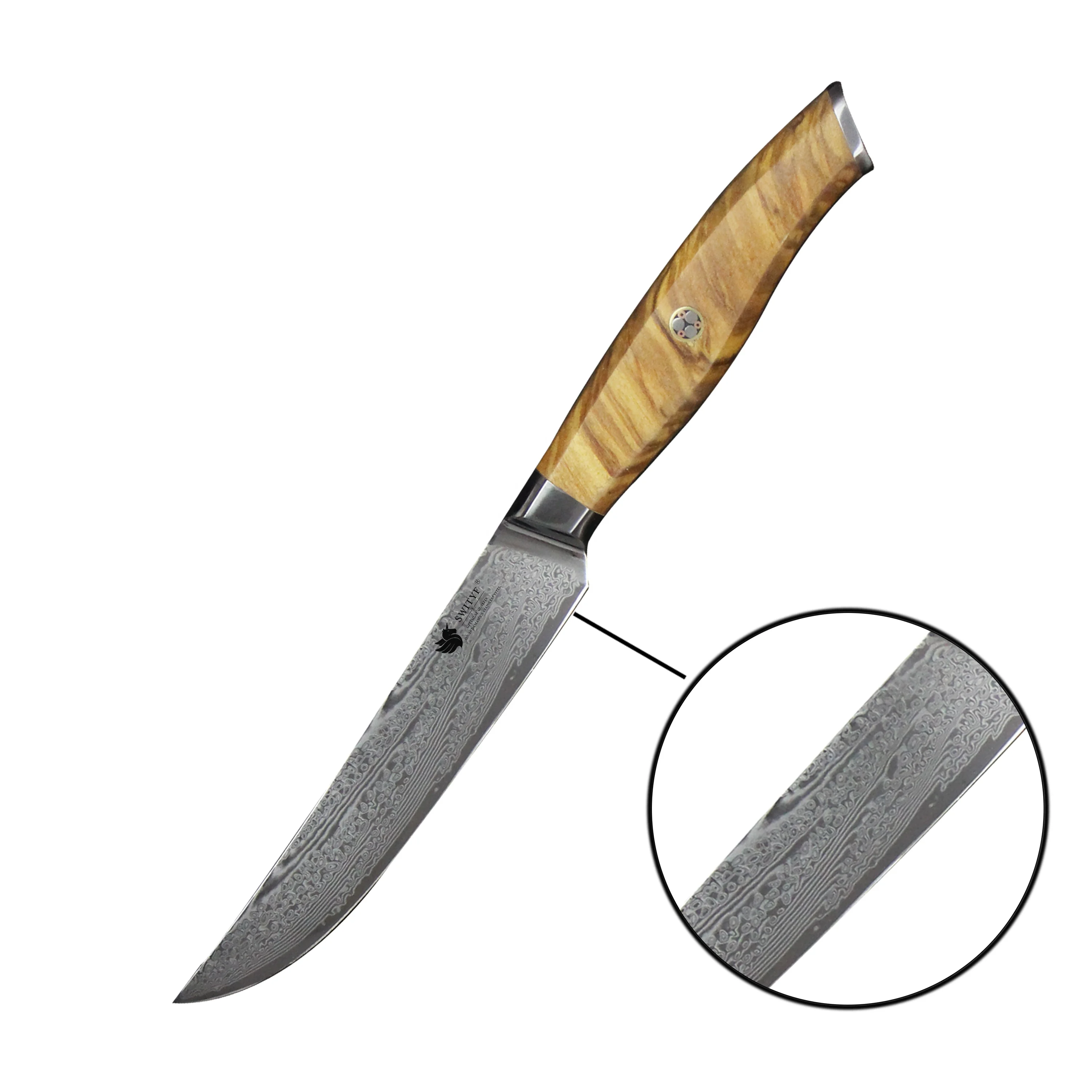 Olive wood handle Japanese AUS-10 damascus steel VG10 steak knife set with bamboo wood box