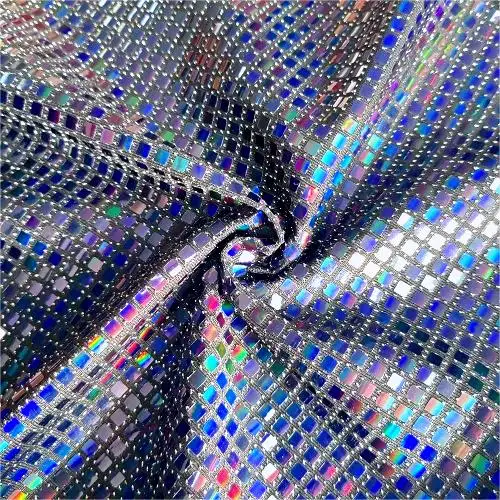 China Factory Pleated Fabric punching knitted 89%polyester 3%spandex silver lurex with metallic sequins fabric for dress