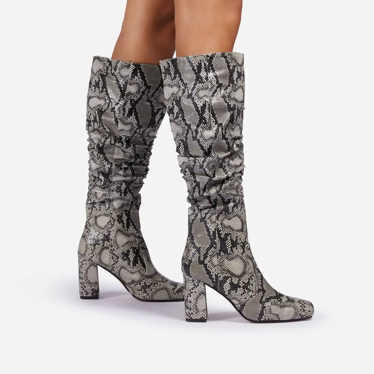 Square Toe Block Heel Knee High Long Boot In Grey Snake Print Faux Leather   boots ladies block heel over the knee boot