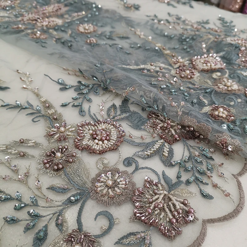 Французская высококачественная тюлевая сетчатая кружевная ткань с жемчужными бусинами и ручной вышивкой