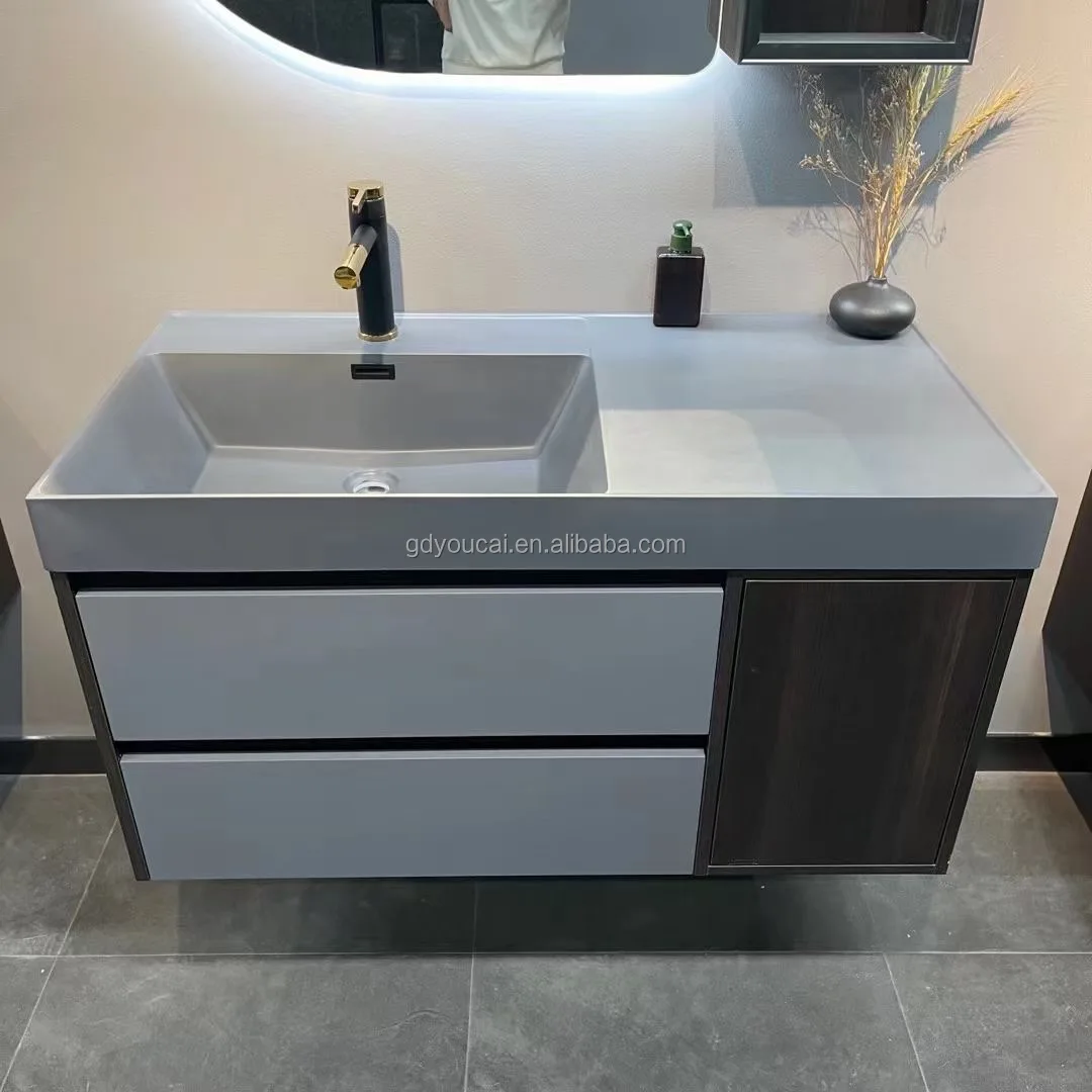 Sanitary ware slate countertop double basin bathroom vanity with LED mirror premium wall mount bathroom vanity