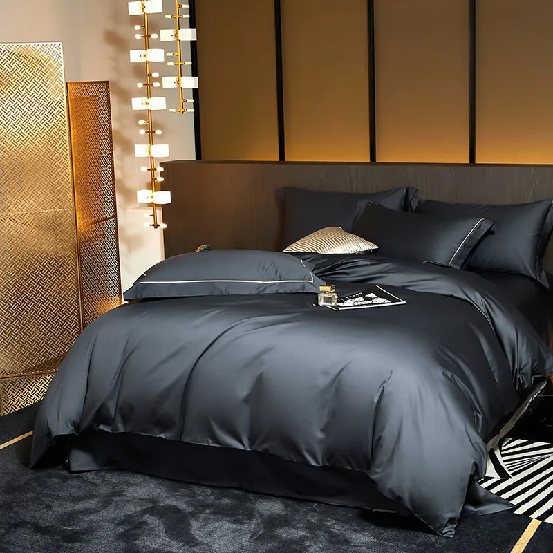 Hot luxury embroidery gray bedding sets tencel bedsheets silk bedding set duvet cover set