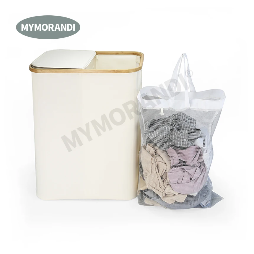 Collapsible Laundry Hamper Tall Double Laundry Basket with Lid and Bamboo Frame for Dirty Clothes Storage