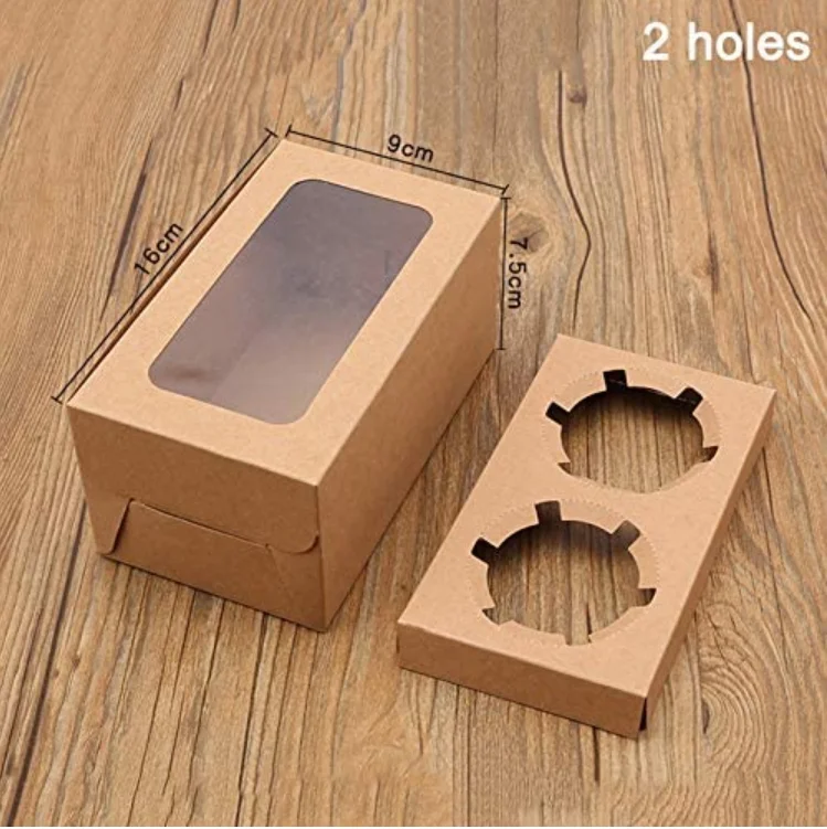 2 hole cupcake box kraft cardboard luxury bakery packaging with window gift boxes wholesales