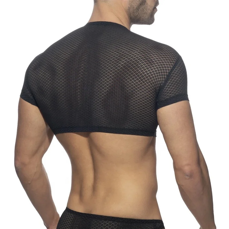 Mens Funny T Shirts Leather Crop Top Sexy Fishnet Club Attire Transparent Mesh Muscle Tee See Through Undershirt Tank Tops