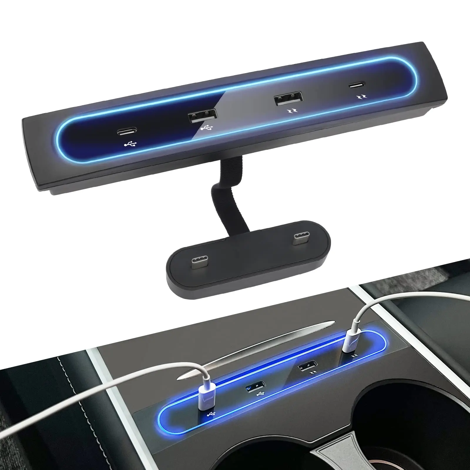 Station 4 in 1 USB LED Hub, Compatible Docking tation Center Console Smart Sensor for for 2021 2022 2023 Tesla Model Y 3