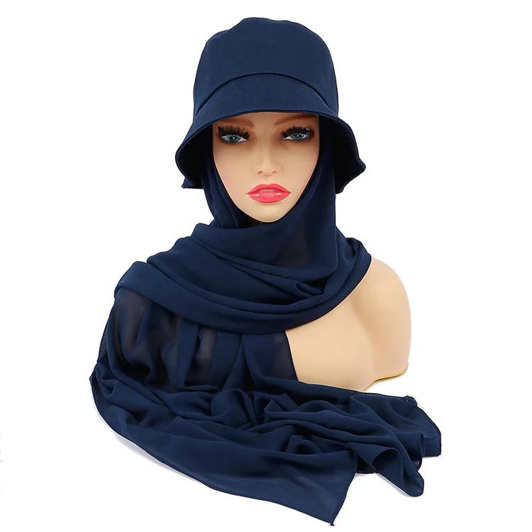 Fashion ladies instant plain chiffon hijab fisherman hats head scarf for muslim women bucket hat cap scarf