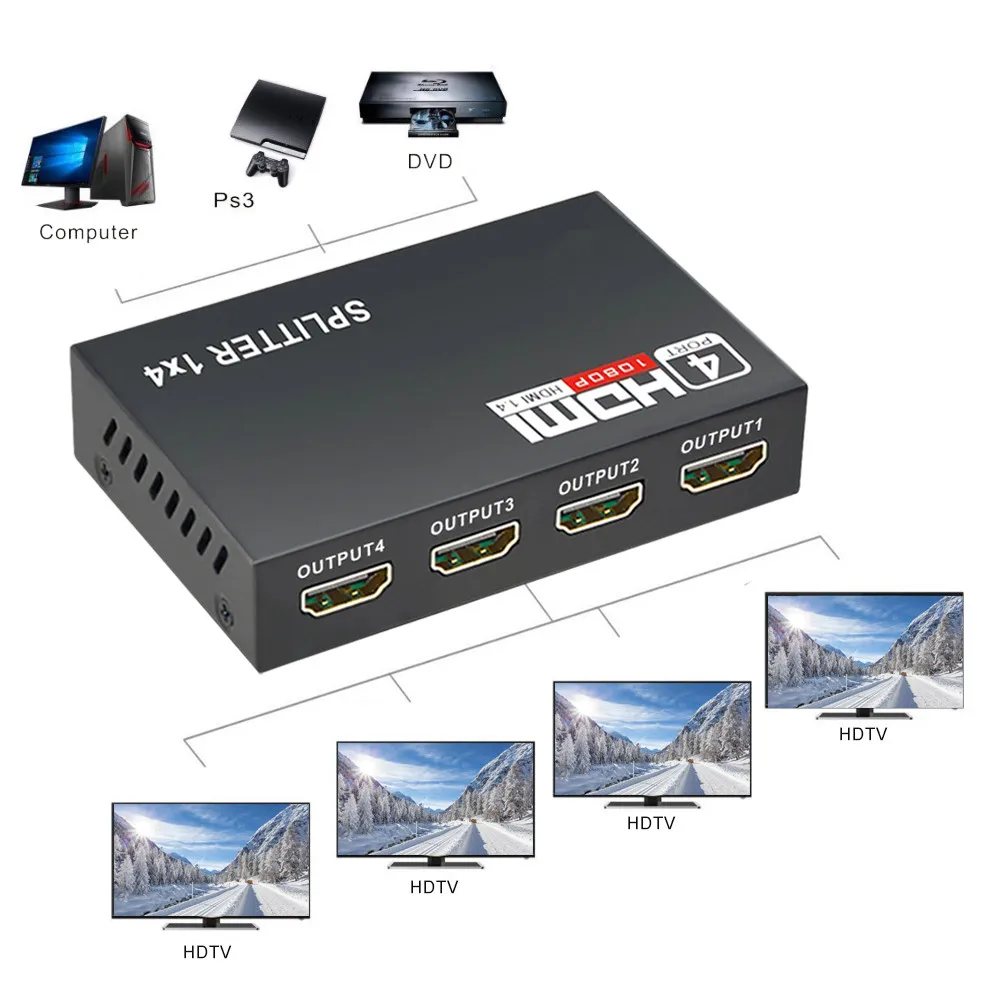 Cheap OEM 1 x 4 4 Output HDMI Splitter 1x4 4 Ports Full HD 1080P 3D Converter Adapter Box