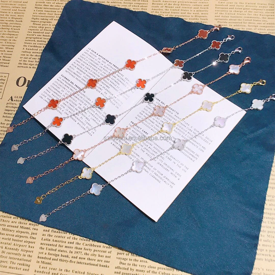 High Quality Luxury Designer Brand Jewelry Women Flower Bangle 18k Gold Plated Lucky Four Leaf Clover Excellent Agate Bracelet